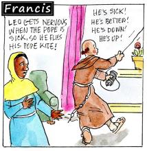 Francis, the comic strip: Leo gets nervous when the pope is sick — so he flies his pope kite!
